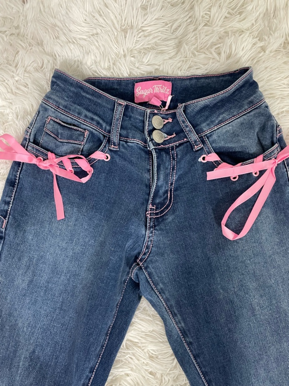 SUGAR THRILLZ Amazed Babe Corset Tie Low Rise Flare Jeans Blue Pink Size XXS - Picture 4 of 9